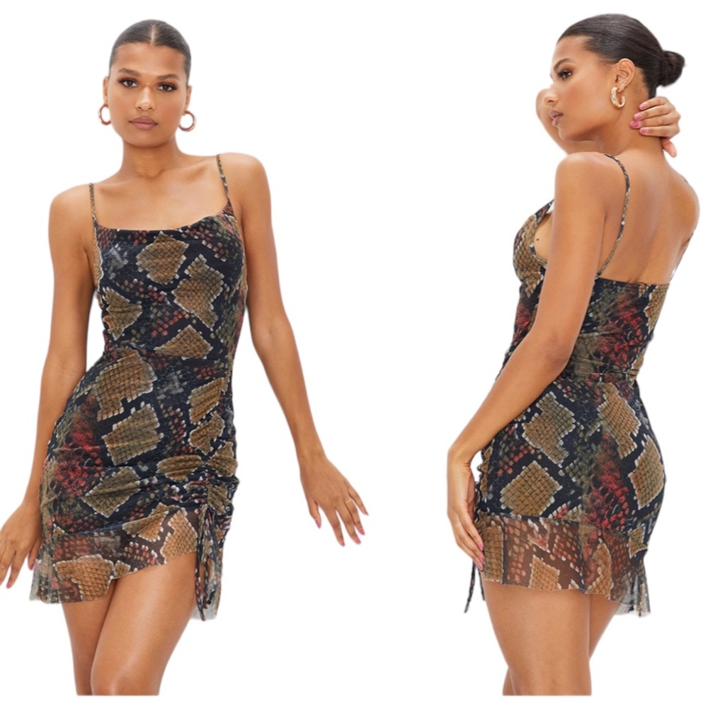PrettyLittleThing Multi Mesh Snake Print Ruched Bodycon Dress Size 6 NWT - Picture 1 of 11